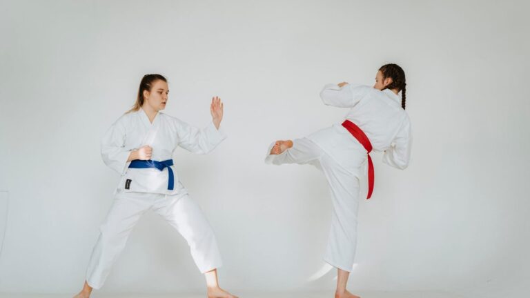 Deux karatékas en kimono blanc, l'une portant un coup de pied